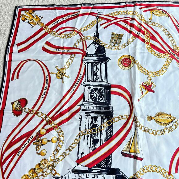 Silk scarf tourist souvenir red black white gold chain landmarks motif Europe - Picture 3 of 11